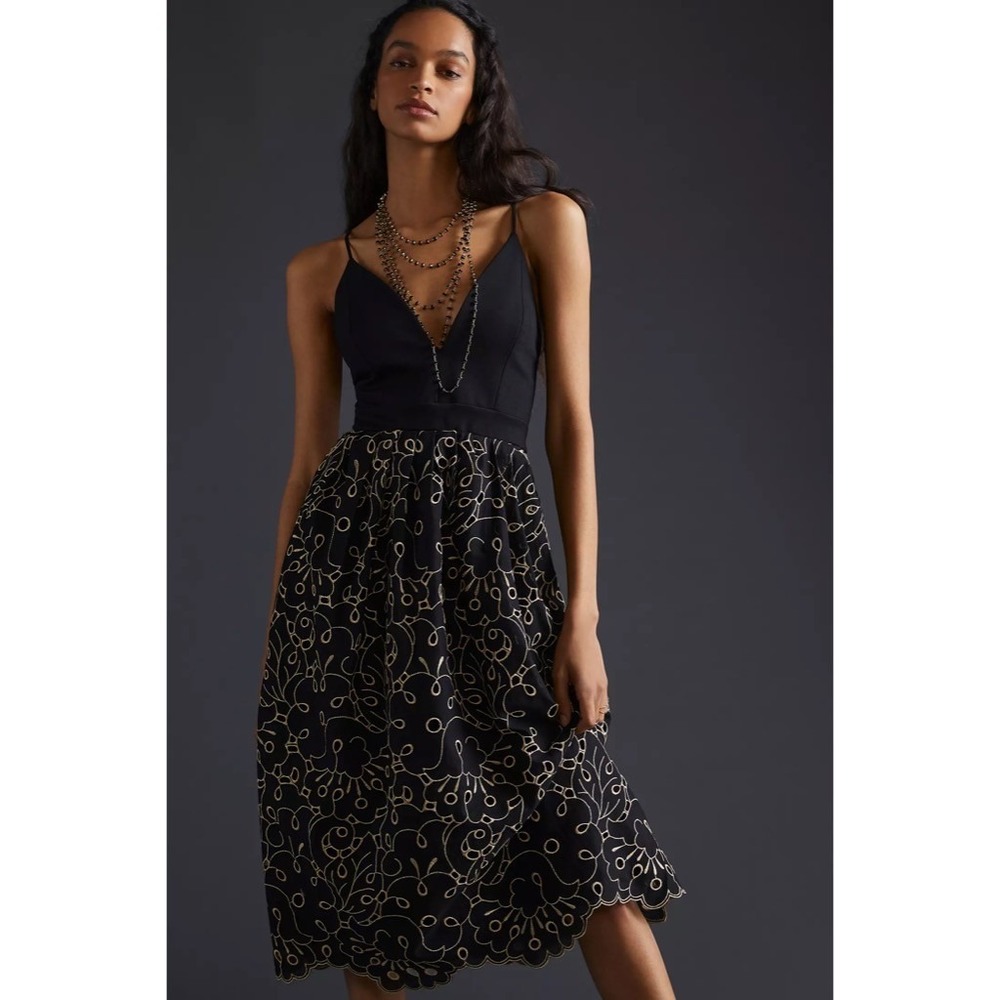 Anthropologie Black Midi Dress with Gold Embroidered Skirt